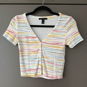 Super soft Multicolor Pastel Striped Heart Button-Front Knit Top Cropped Tshirt